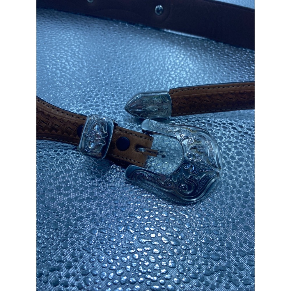 Justin‎ Mens Brown Leather Western Belt Basketweave Silvertone Floral Buckle 32